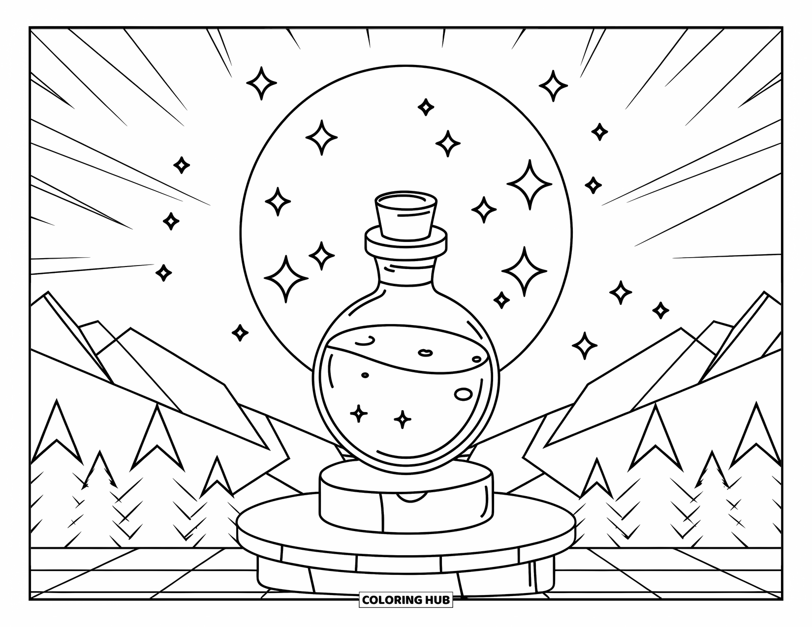 Potion Coloring Page for Kids: Potion bottle rests on a stone pedestal under starry skies with trees and mountains