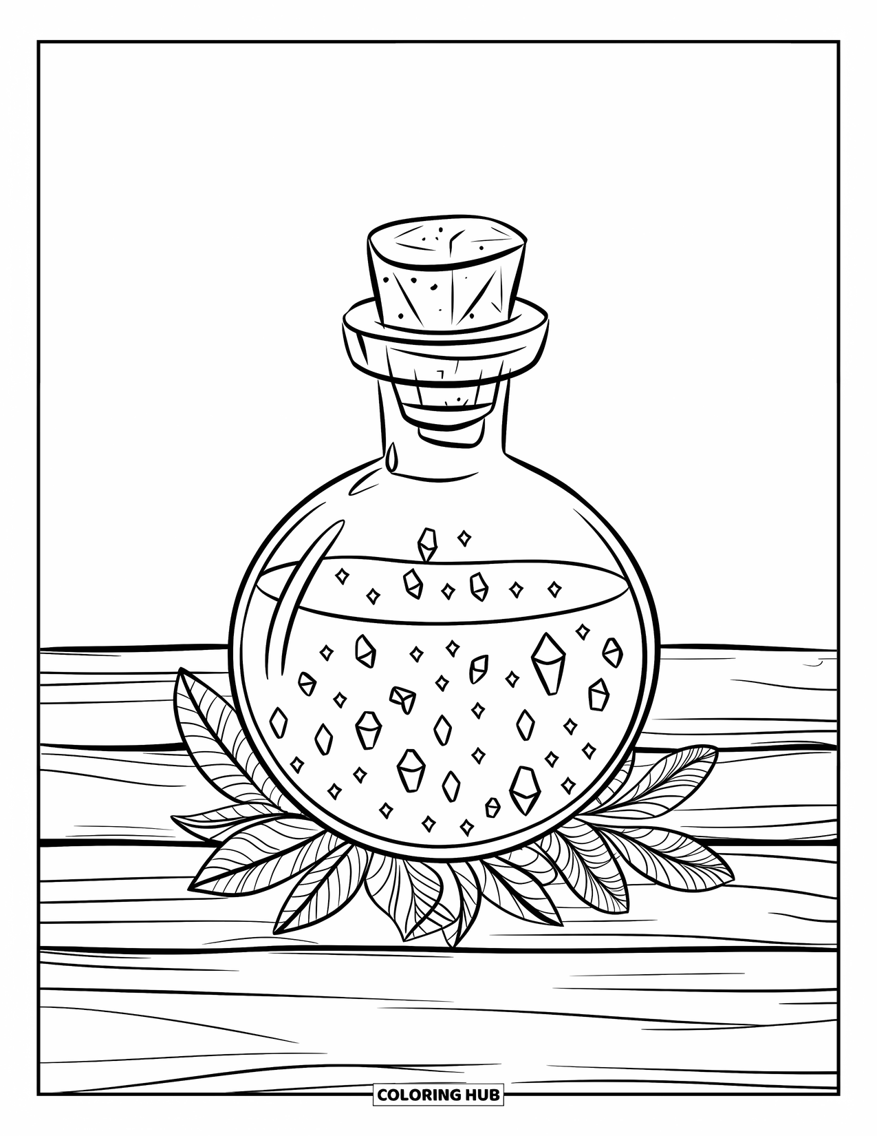 Potion Coloring Page for Kids: Potion bottle with crystals and leaves rests on wood with a clean background