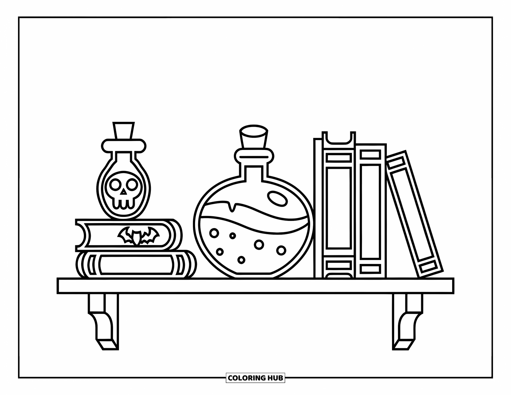 Potion Coloring Page for Kids: Potion bottles with fun labels and bold books sit on a wooden shelf