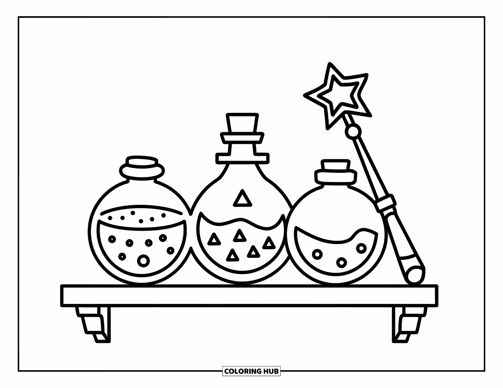 Potion Coloring Page for Kids: Round potions with patterned labels and a wand rest on a shelf for preschoolers