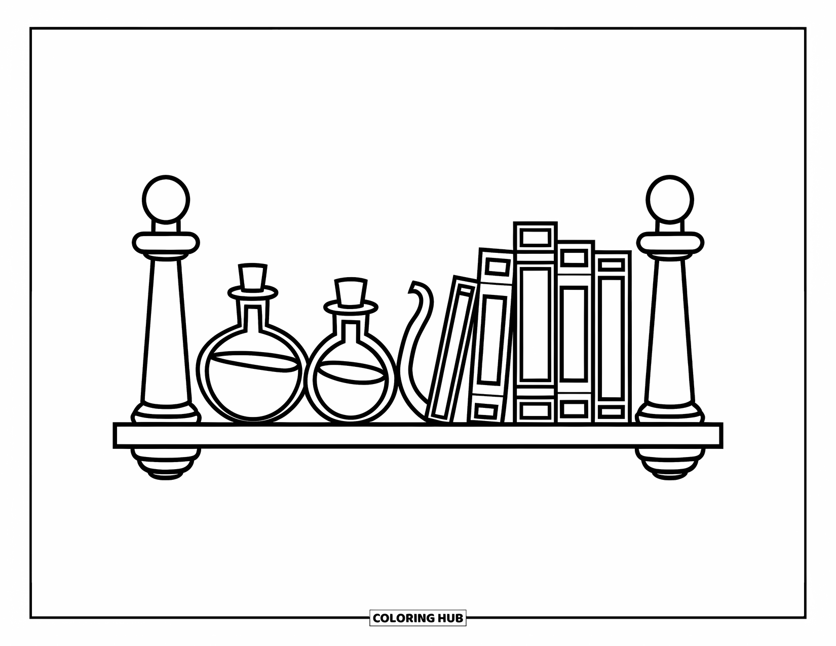 Potion Coloring Page for Kids: Shelf holds four potion bottles beside a neat stack of mini books