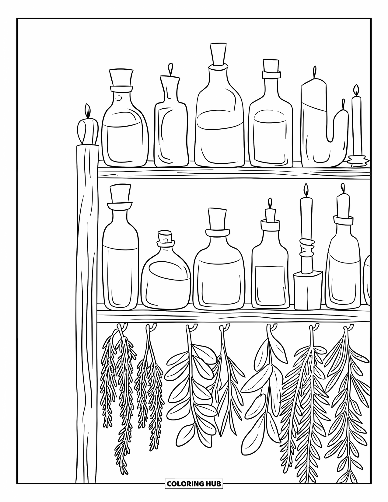 Potion Coloring Page for Kids: Shelf of antique bottles, candles, and herbs rests quietly against a clean wall