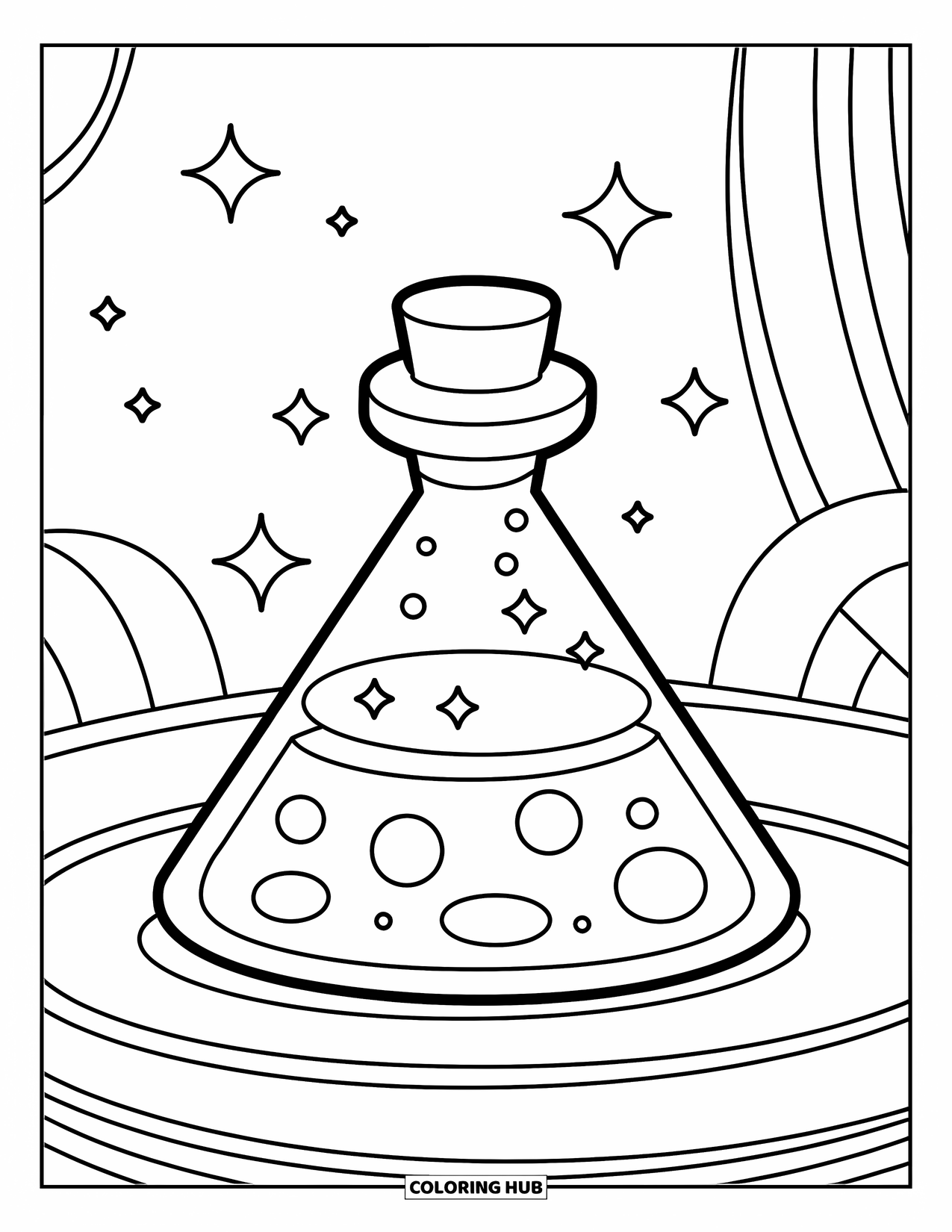Potion Coloring Page for Kids: Simple triangle potion bottle with stars sits happily on a clean table for preschoolers