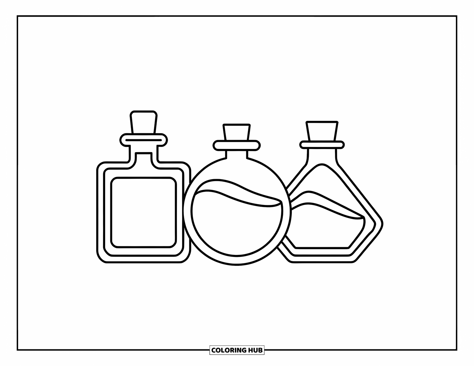 Potion Coloring Page for Kids: Square, circle, and triangle potions in bold outlines sit in a fun preschooler layout