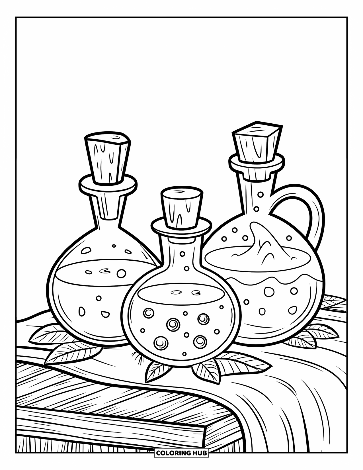 Potion Coloring Page for Kids: Three corked potions with swirls sit on a cloth-covered table with scattered leaves
