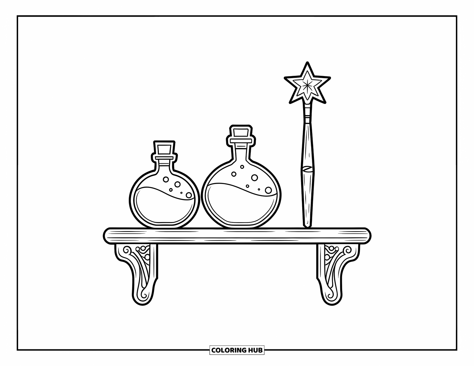 Potion Coloring Page for Kids: Three potions of different sizes and a star-tipped wand sit on a shelf