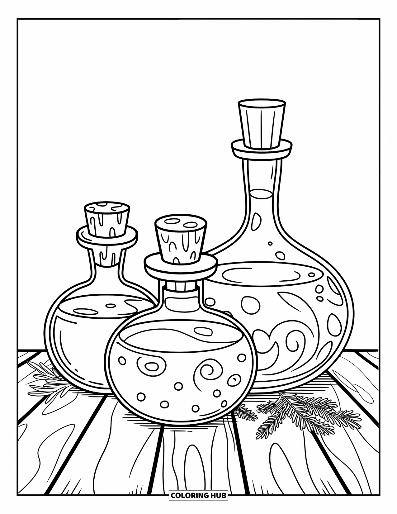 Potion Coloring Page for Kids: Three swirling potions and some herbs rest on a wooden table in a clean layout