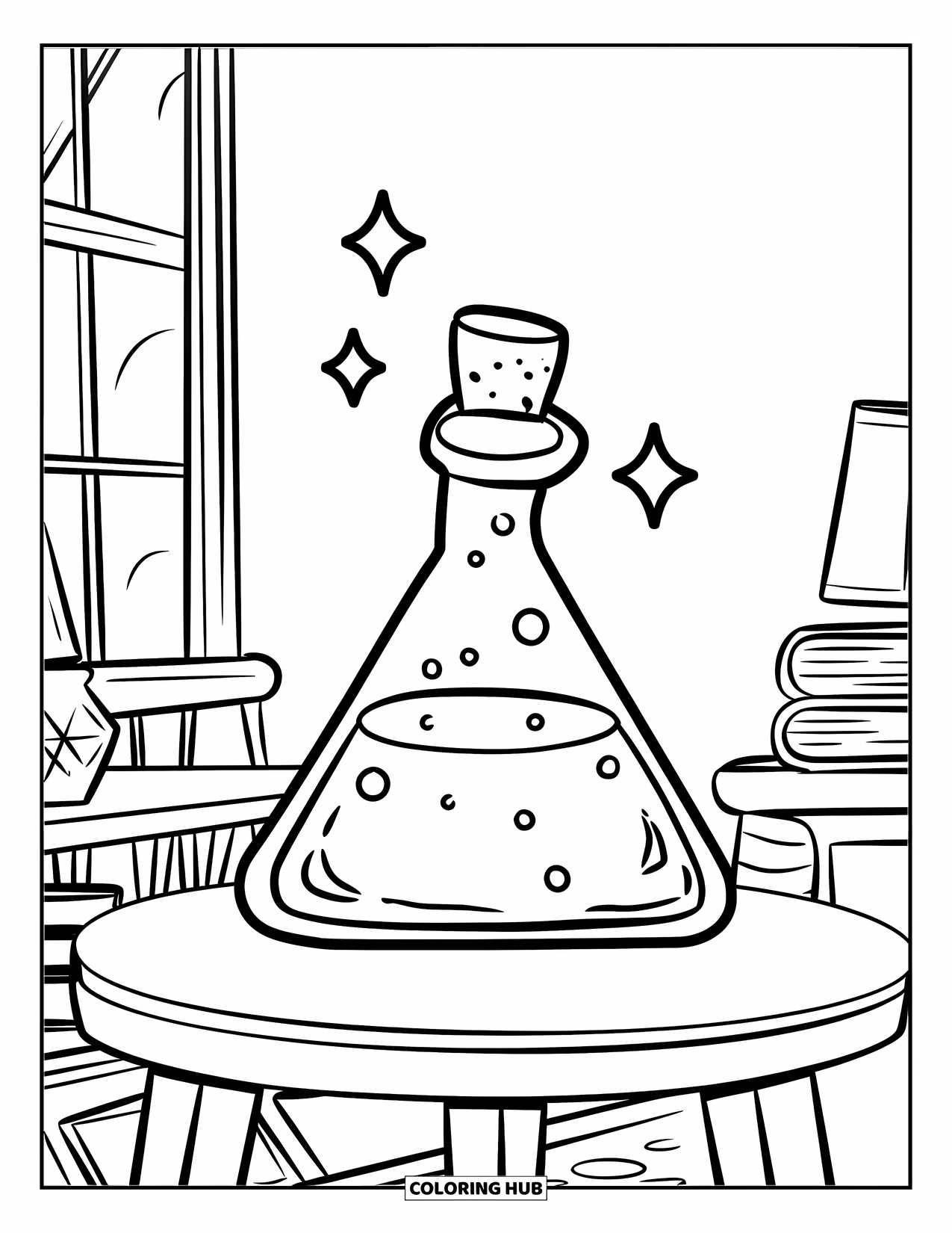 Potion Coloring Page for Kids: Triangle potion bottle on a table in a room with a window, lamp, and book