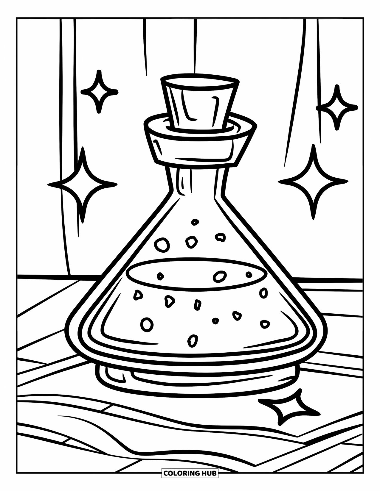 Potion Coloring Page for Kids: Triangle-shaped potion bottle rests on a table with a few twinkling stars nearby