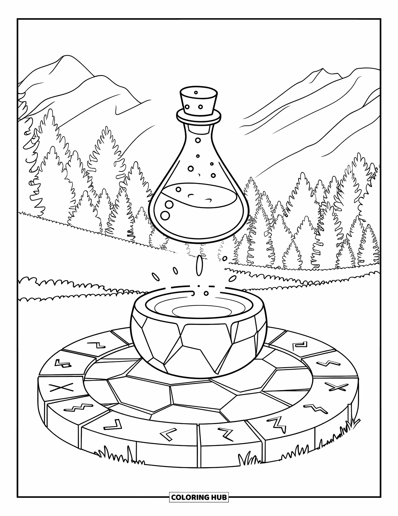 Potion Coloring Page for Kids: Triangular potion bottle floats above a stone circle deep in a forest clearing