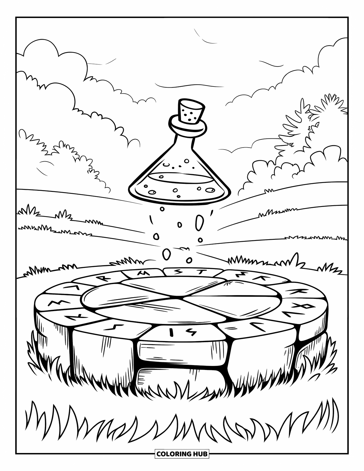 Potion Coloring Page for Kids: Triangular potion bottle levitates over grassy runes in a misty forest scene