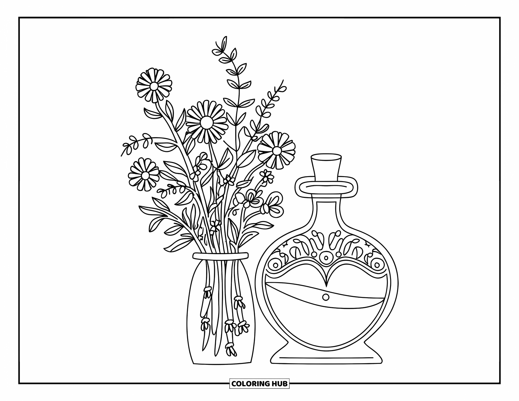 Potion Coloring Page for Kids: Wildflowers in a vase sit next to an ornate potion bottle on a white background