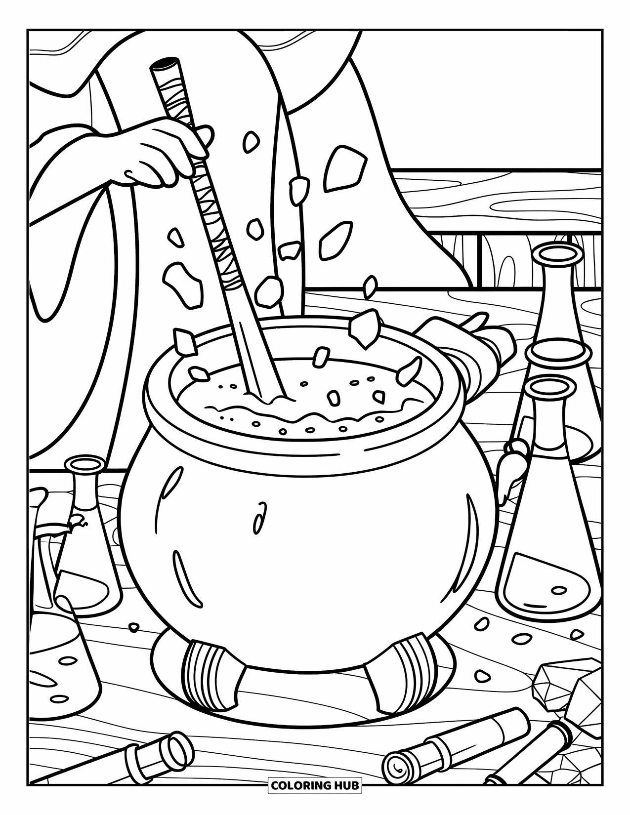 Potion Coloring Page for Kids: Wizard stirs a bubbling cauldron surrounded by scrolls, flasks, and glowing crystals