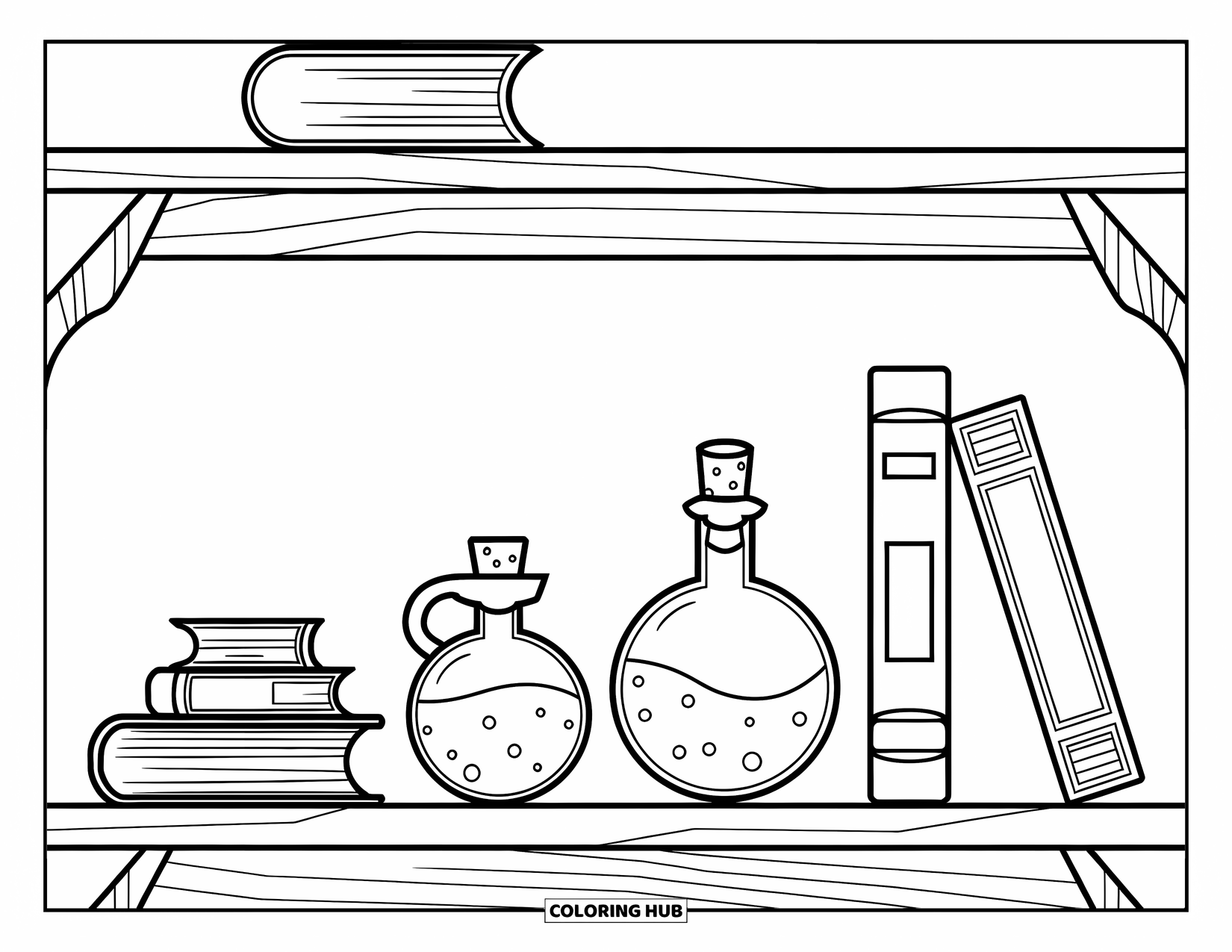 Potion Coloring Page for Kids: Wooden shelf displays four potion bottles and stacked books with clean outlines