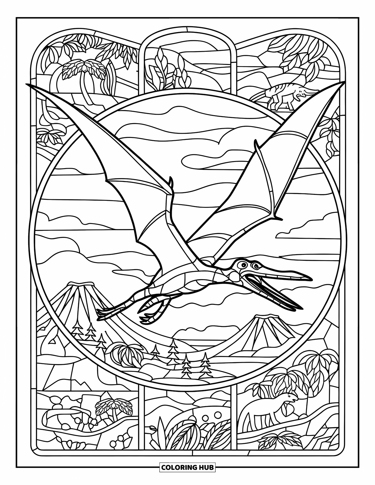 Pterodactyl Coloring Page for Adults: Flying pterodactyl is encircled by stained glass with dinosaurs and prehistoric scenes