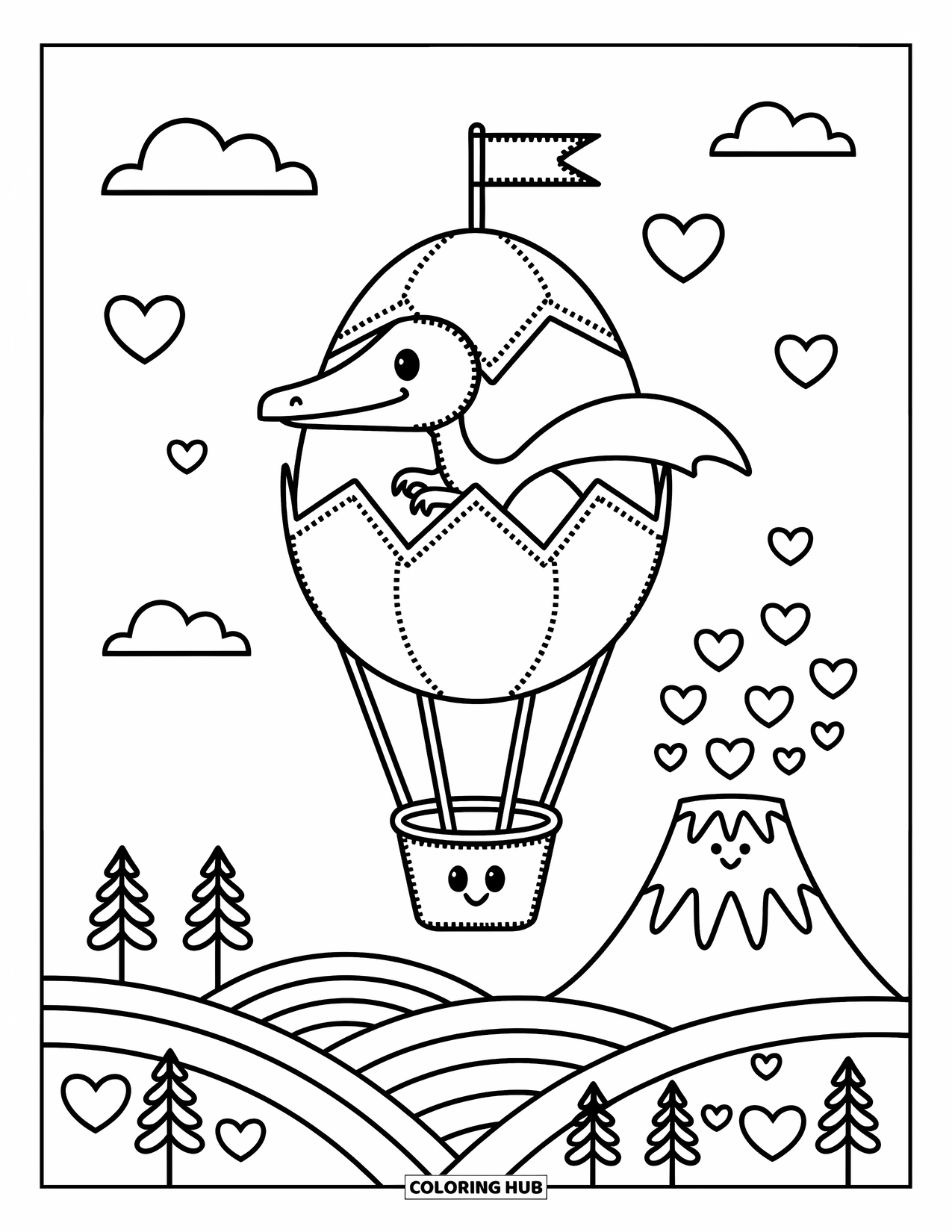 Pterodactyl Coloring Page for Adults: Pterodactyl drifts in a balloon egg while hearts and volcano smoke puff in the breeze