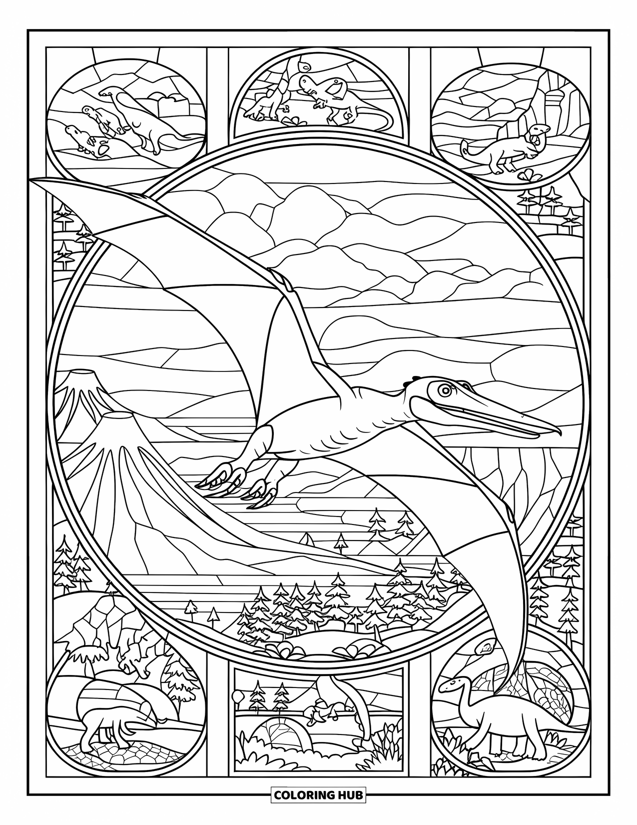 Pterodactyl Coloring Page for Adults: Pterodactyl flies above volcanoes in stained-glass panels of ancient nature