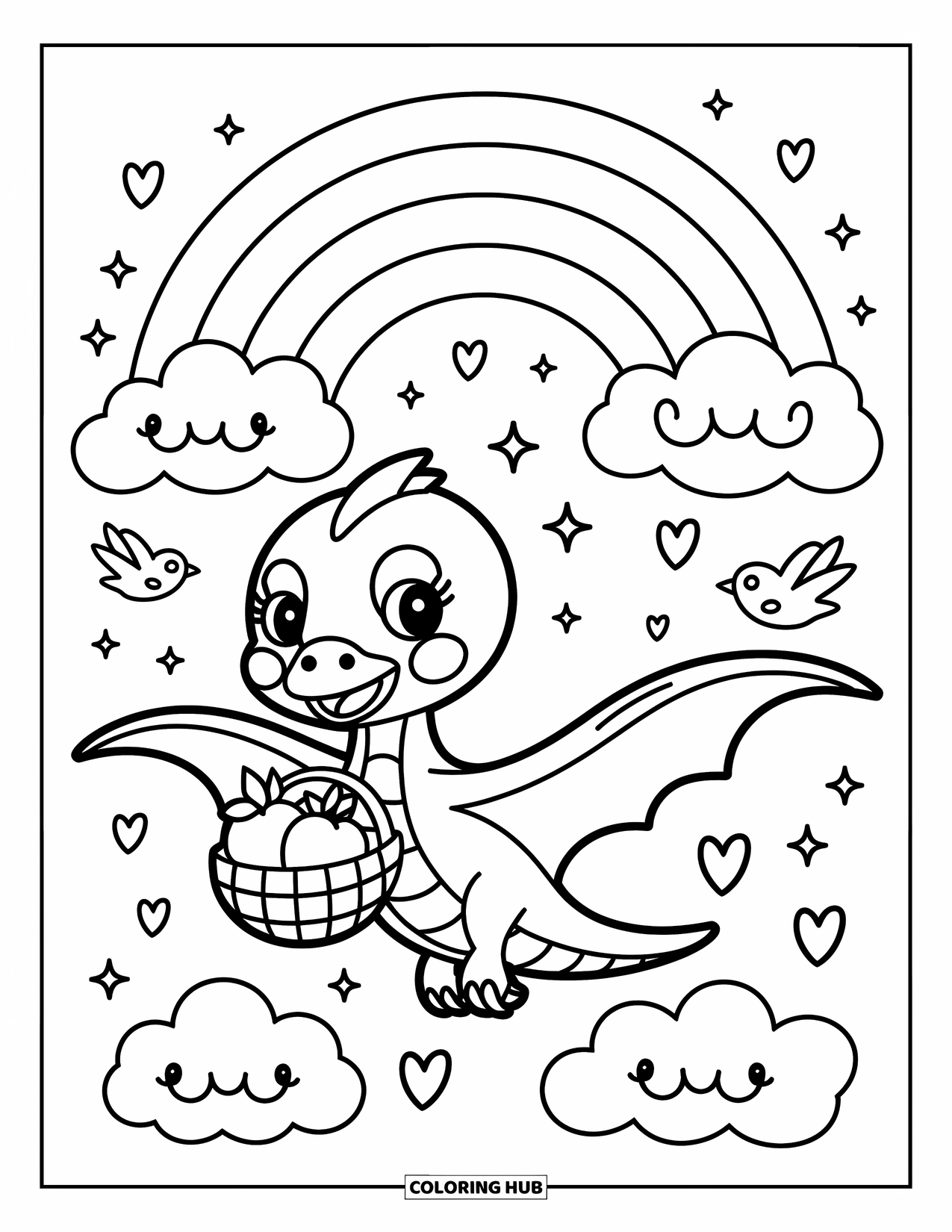 Pterodactyl Coloring Page for Adults: Pterodactyl flies with fruit basket through clouds, rainbow, sparkles, and playful birds