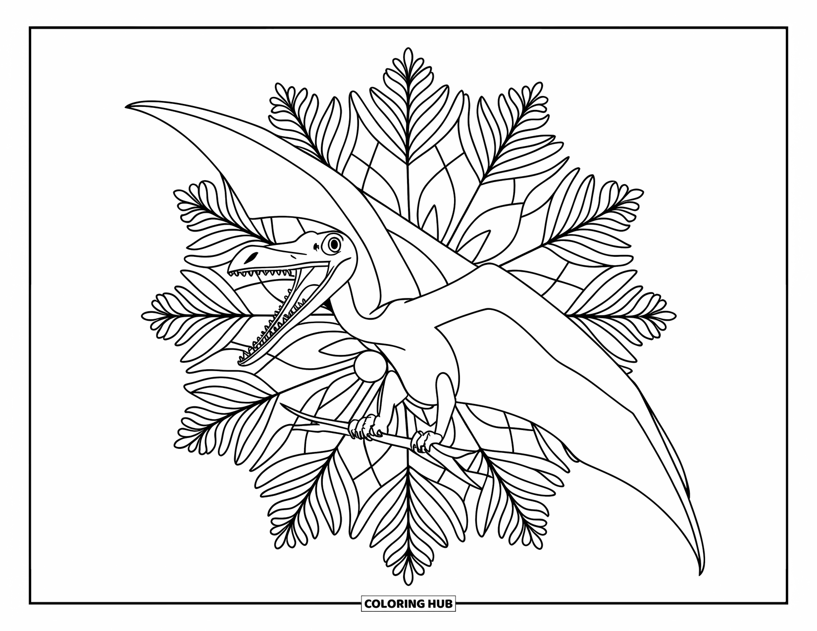 Pterodactyl Coloring Page for Adults: Pterodactyl with open mouth sits on a branch, surrounded by palm frond mandalas