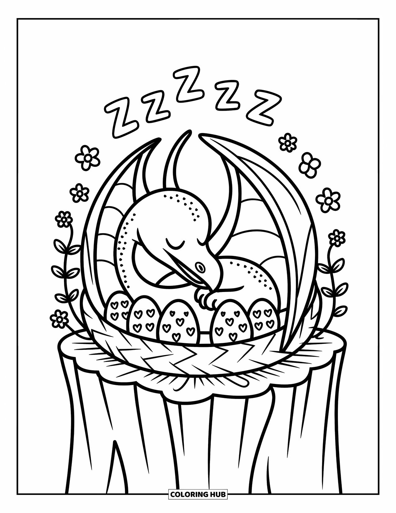 Pterodactyl Coloring Page for Adults: Sleepy pterodactyl curls in a cliffside nest with eggs, vines, and cute Zís above
