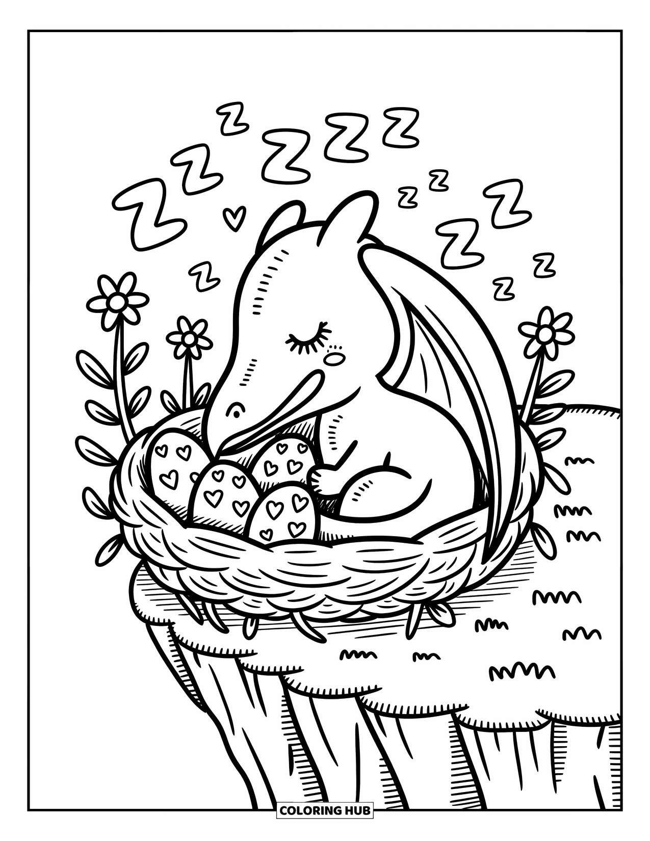 Pterodactyl Coloring Page for Adults: Snuggled pterodactyl rests in a nest with heart eggs and floating sleepy letters