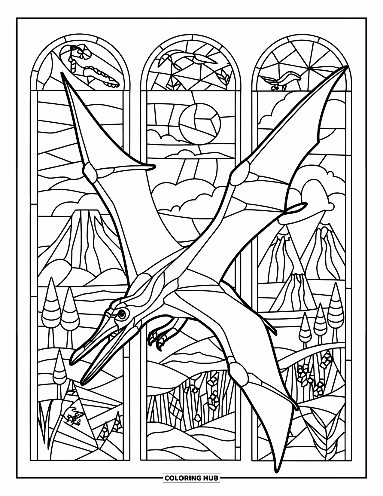 Pterodactyl Coloring Page for Adults: Soaring pterodactyl is framed by stained glass of dinosaurs, plants, and shapes