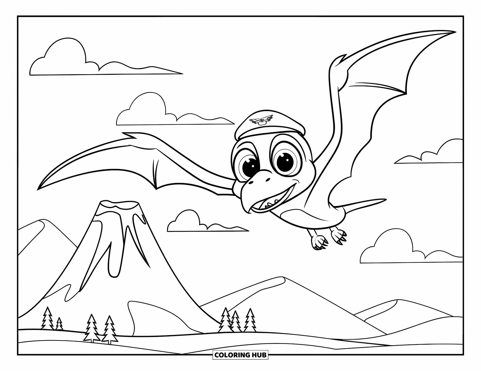 Pterodactyl Coloring Page for Kids: Cute pterodactyl in a pilot hat flies above a sleepy volcano and tiny trees