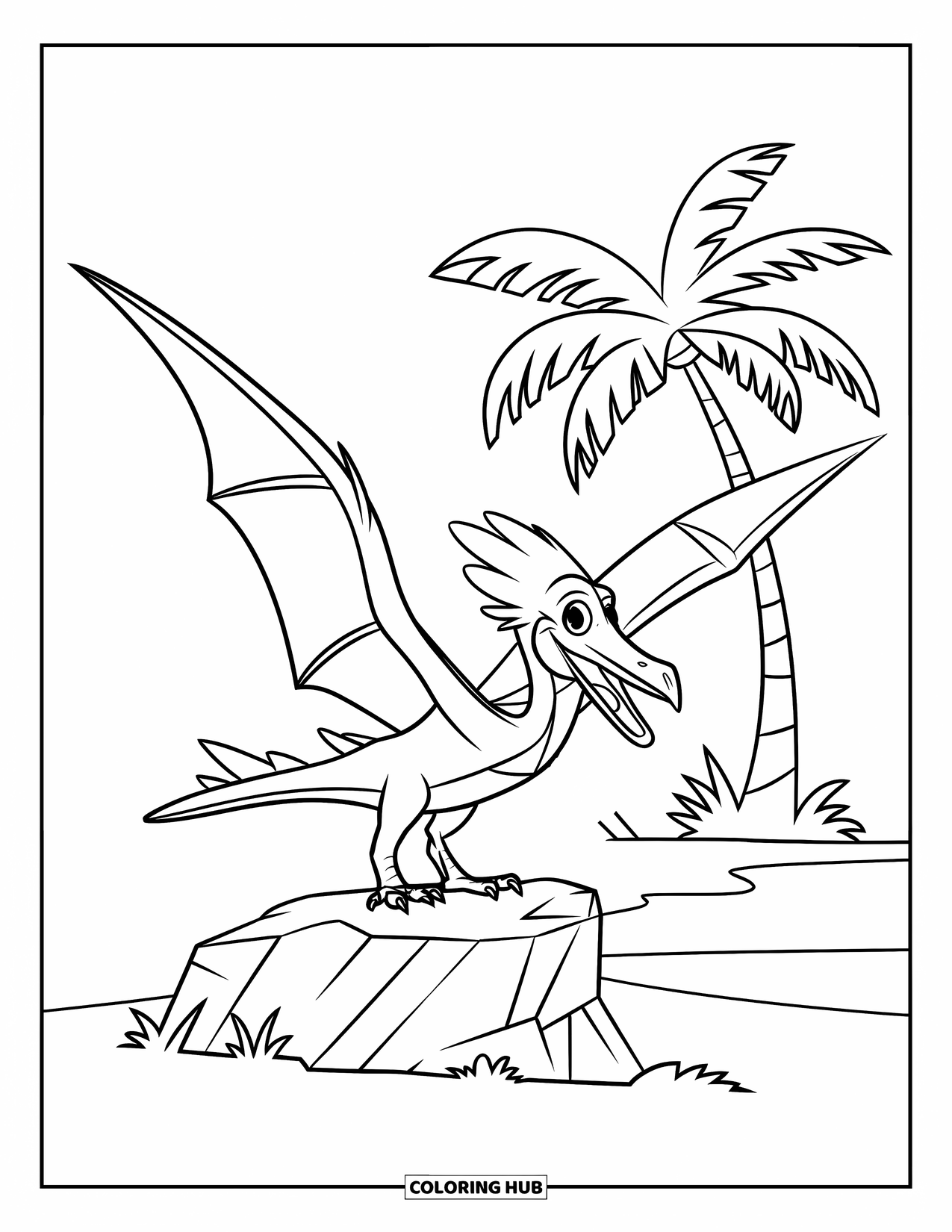 Pterodactyl Coloring Page for Kids: Easy-to-color pterodactyl perches on a flat rock beside a palm tree