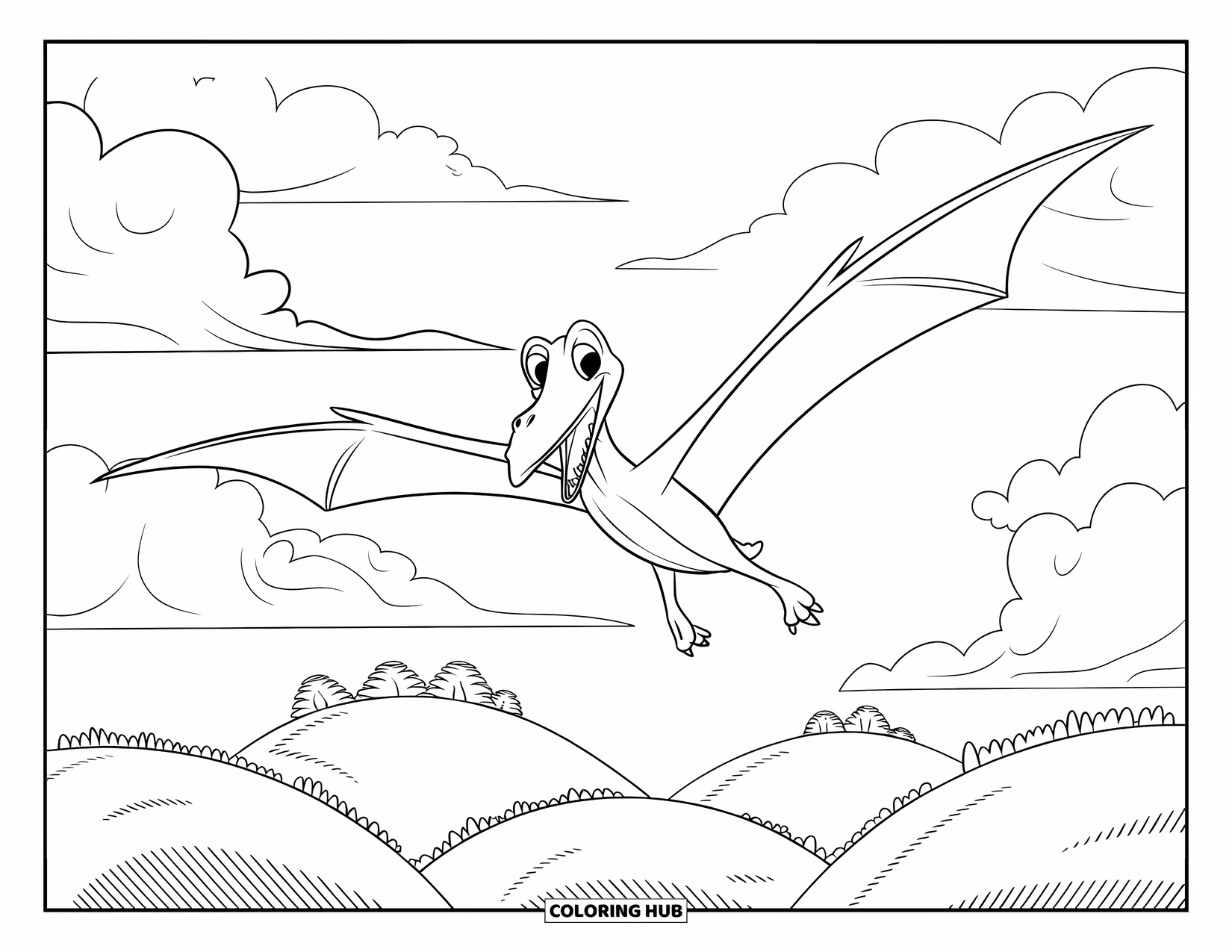 Pterodactyl Coloring Page for Kids: Happy pterodactyl with open wings flies over grassy hills and fluffy clouds