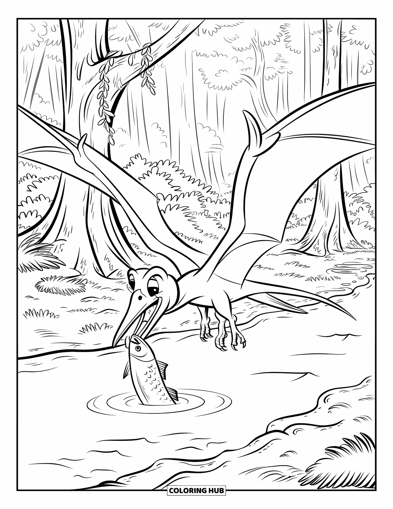 Pterodactyl Coloring Page for Kids: Pterodactyl catches a fish mid-flight above a lush jungle river