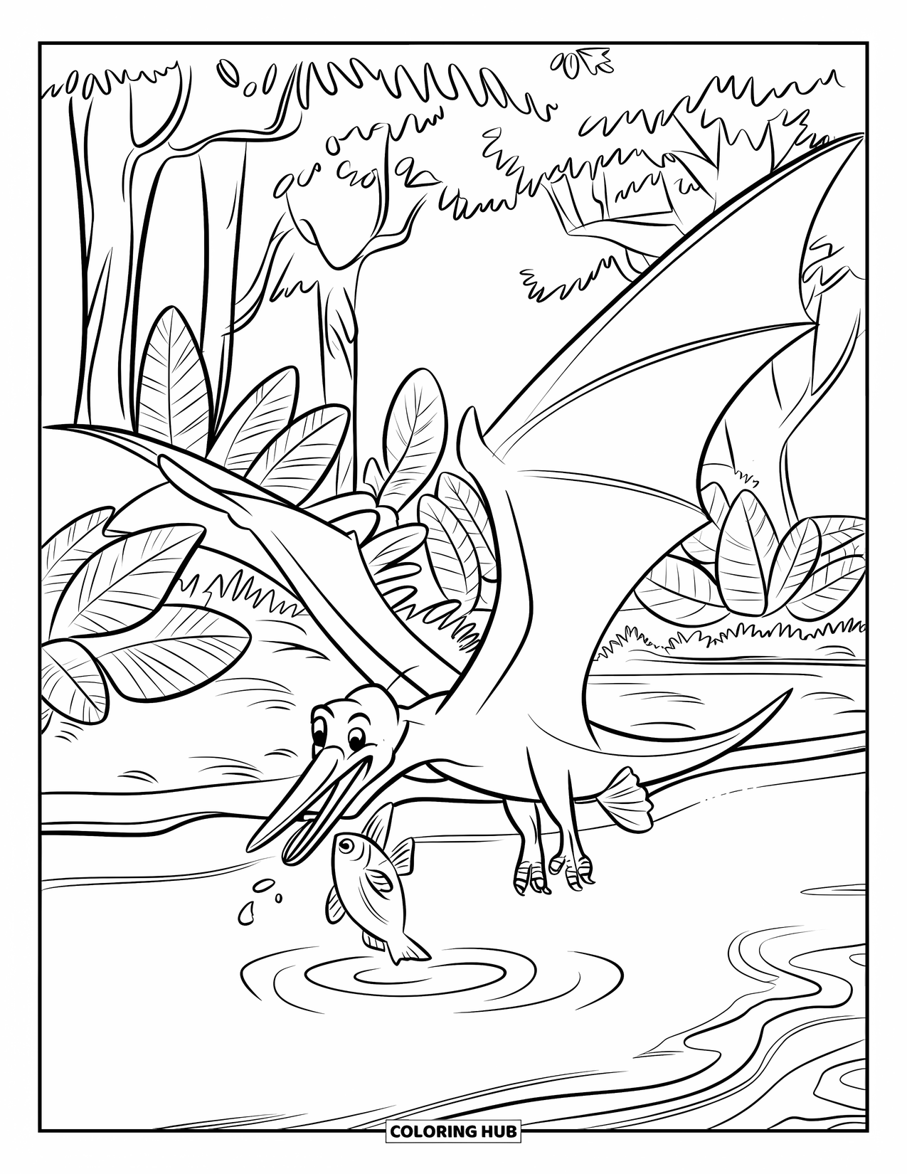 Pterodactyl Coloring Page for Kids: Pterodactyl dives for fish in a jungle river near thick leafy trees