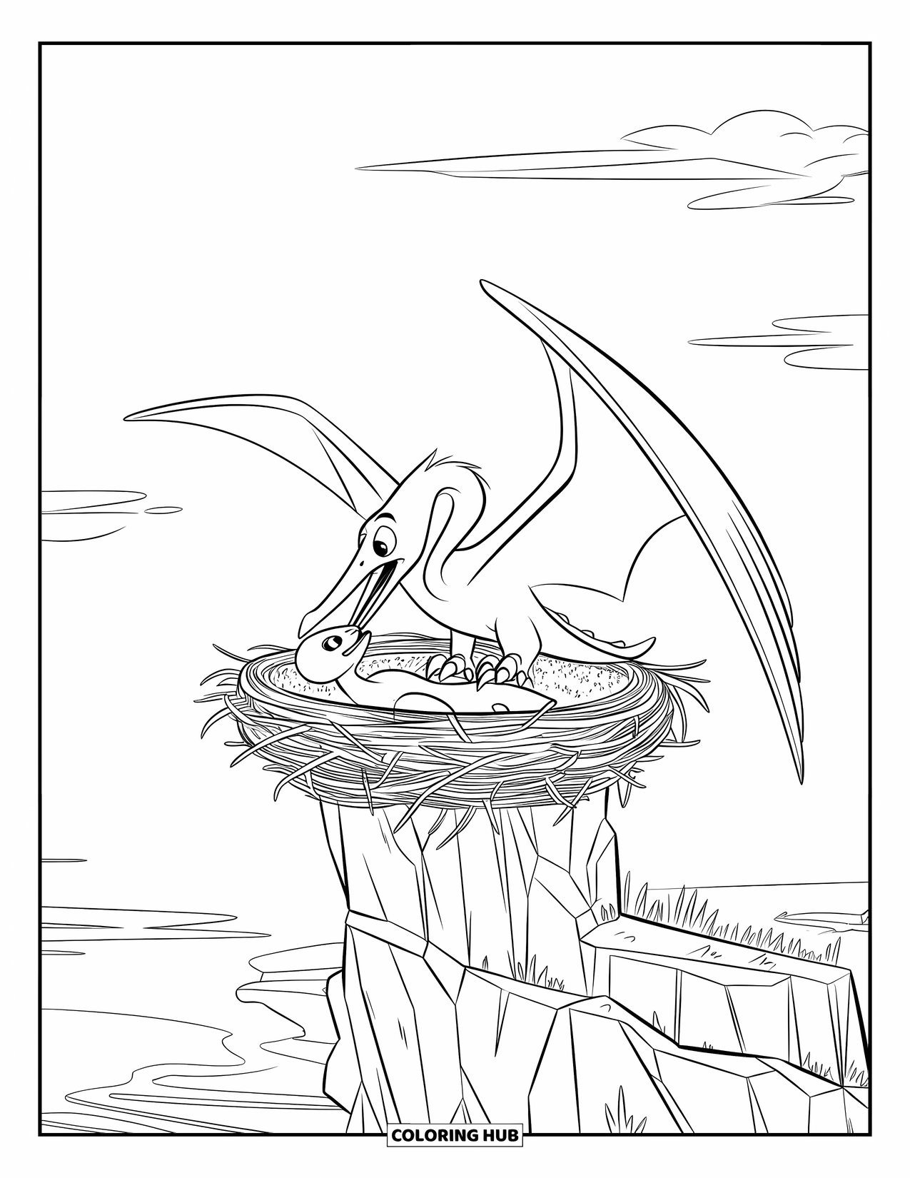 Pterodactyl Coloring Page for Kids: Pterodactyl feeds young from its beak in a nest atop a rocky cliff