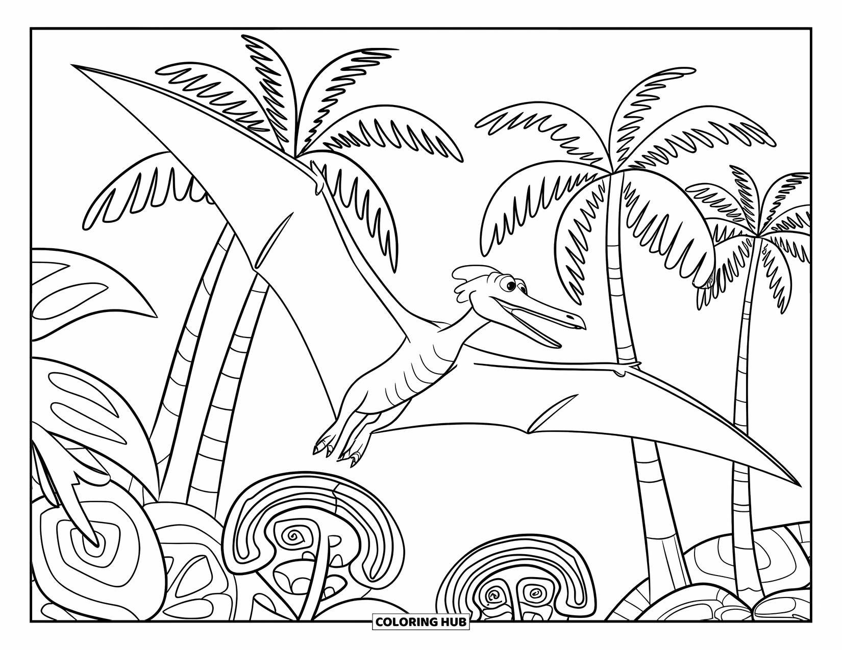 Pterodactyl Coloring Page for Kids: Pterodactyl flies high above spiraled plants and towering palms
