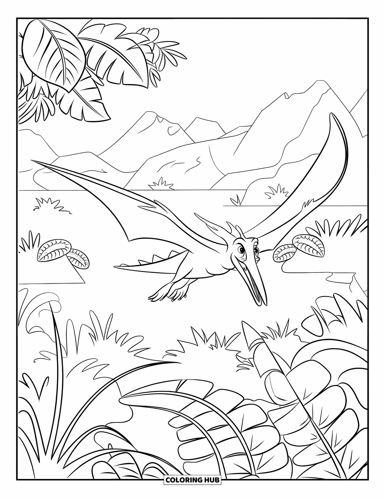 Pterodactyl Coloring Page for Kids: Pterodactyl glides over leafy plants and mountains with clean, bold outlines
