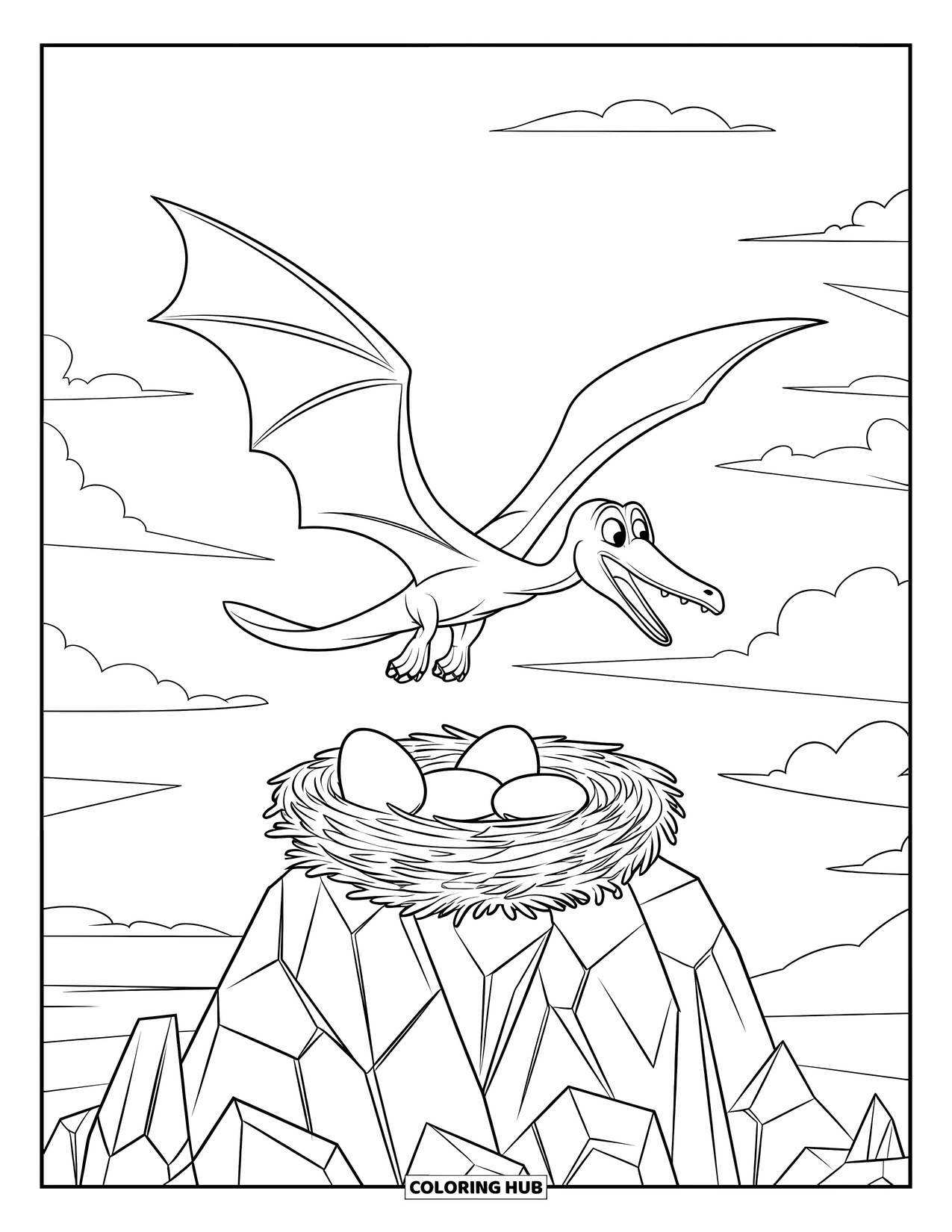 Pterodactyl Coloring Page for Kids: Pterodactyl guards its nest with eggs, soaring over a rocky outcrop
