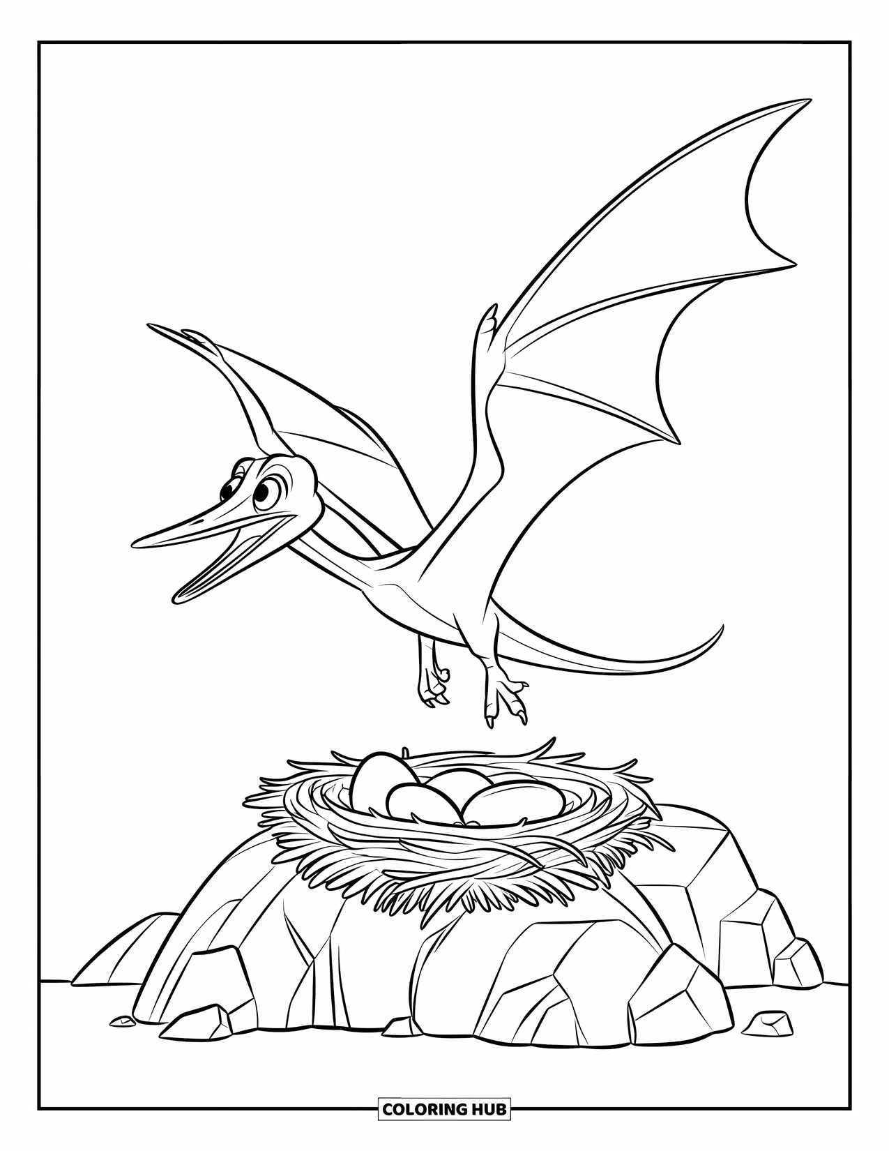 Pterodactyl Coloring Page for Kids: Pterodactyl hovers above a rocky nest holding three large eggs