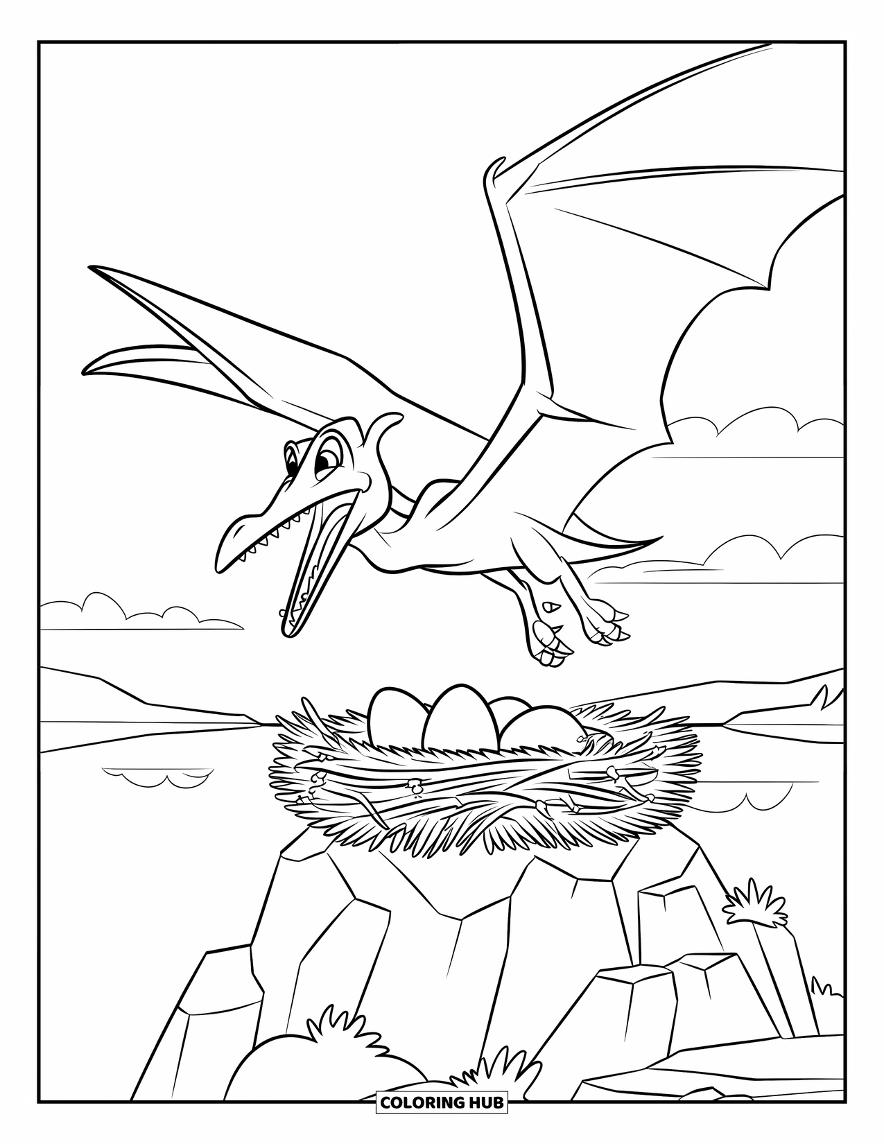 Pterodactyl Coloring Page for Kids: Pterodactyl hovers with open mouth above a nest on a cliff near water