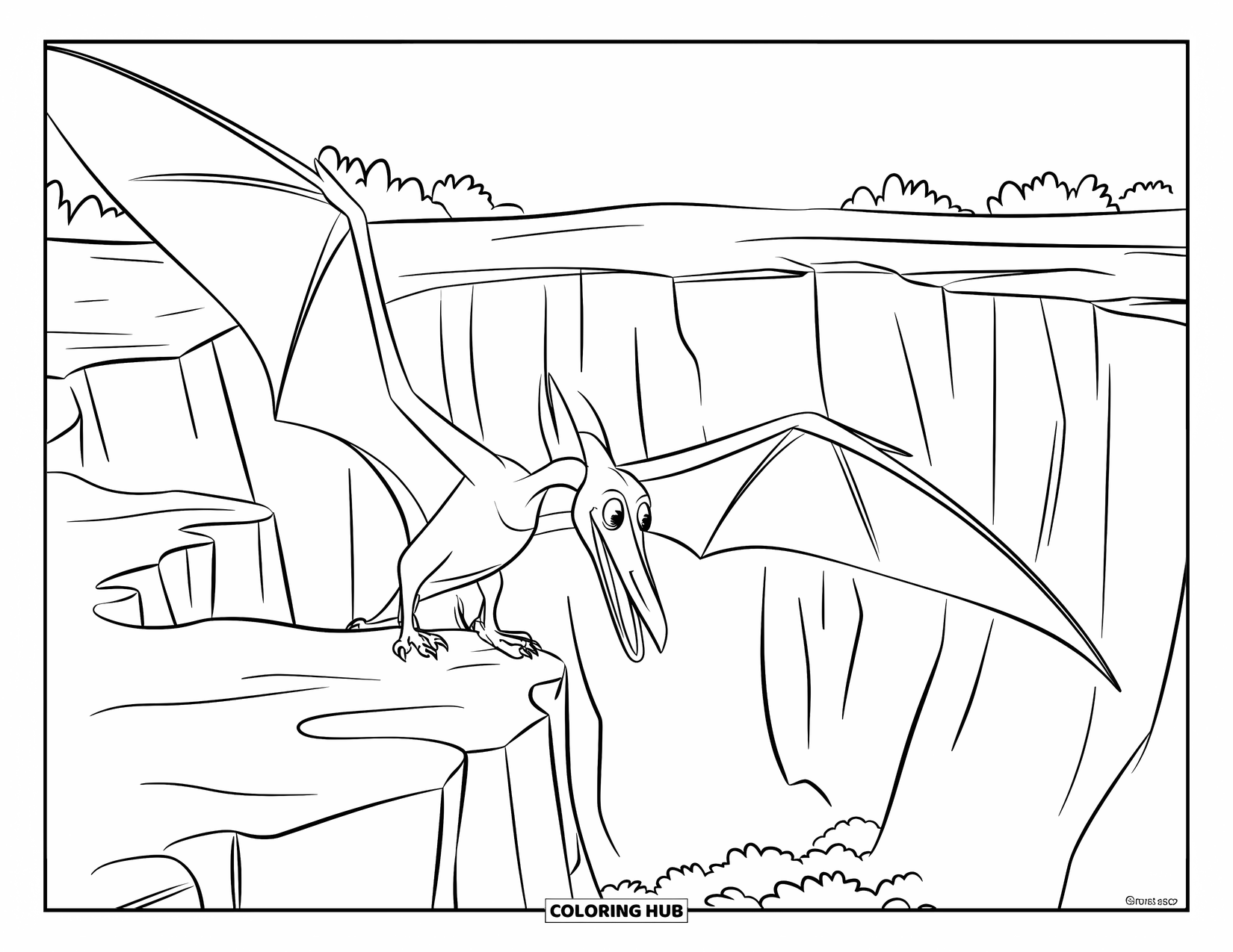 Pterodactyl Coloring Page for Kids: Pterodactyl perched at the canyon's edge, looking down into the rocky depths