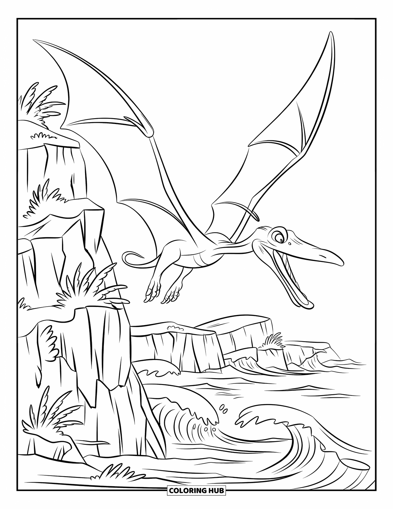 Pterodactyl Coloring Page for Kids: Pterodactyl soars above rocky cliffs as ocean waves crash below