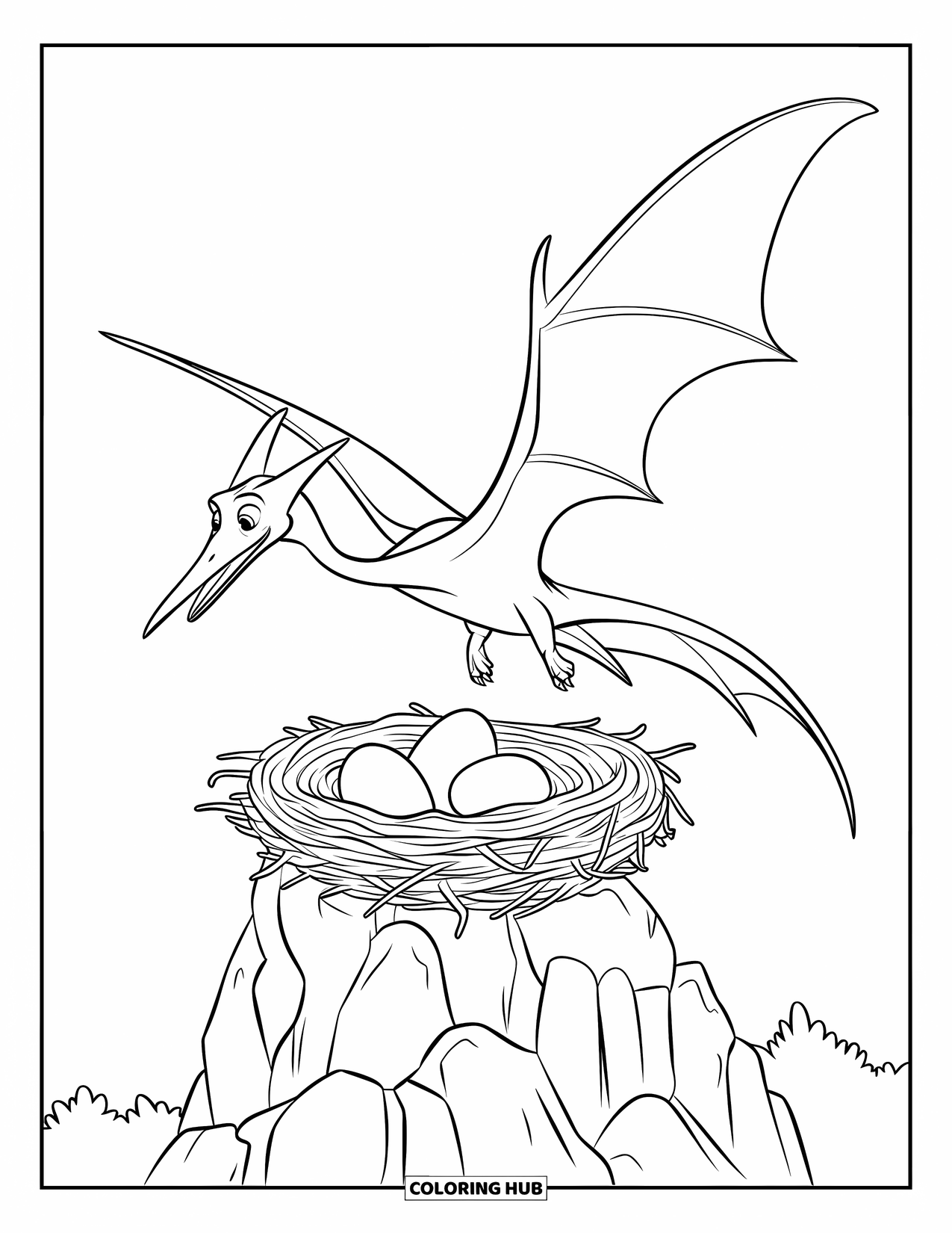 Pterodactyl Coloring Page for Kids: Pterodactyl spreads its wings above a nest perched on a rocky ledge