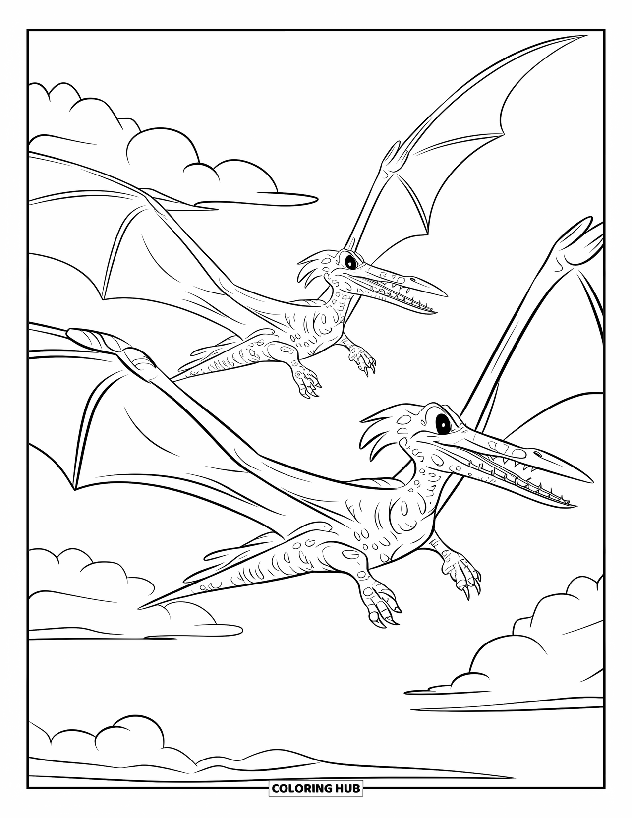 Pterodactyl Coloring Page for Kids: Pterodactyls with sharp teeth fly through clouds in a wide open sky