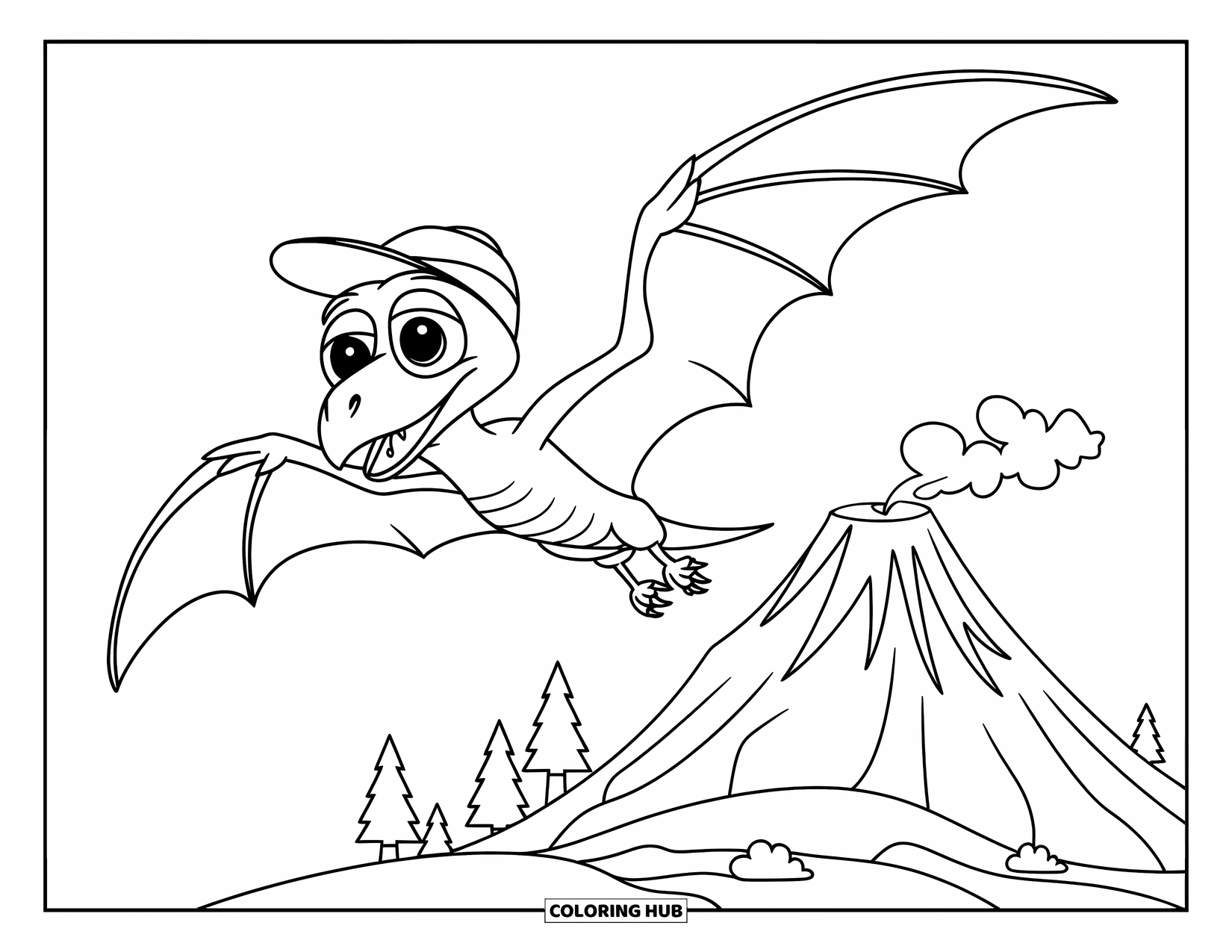 Pterodactyl Coloring Page for Kids: Smiling pterodactyl with big eyes soars over a volcano and a few small trees