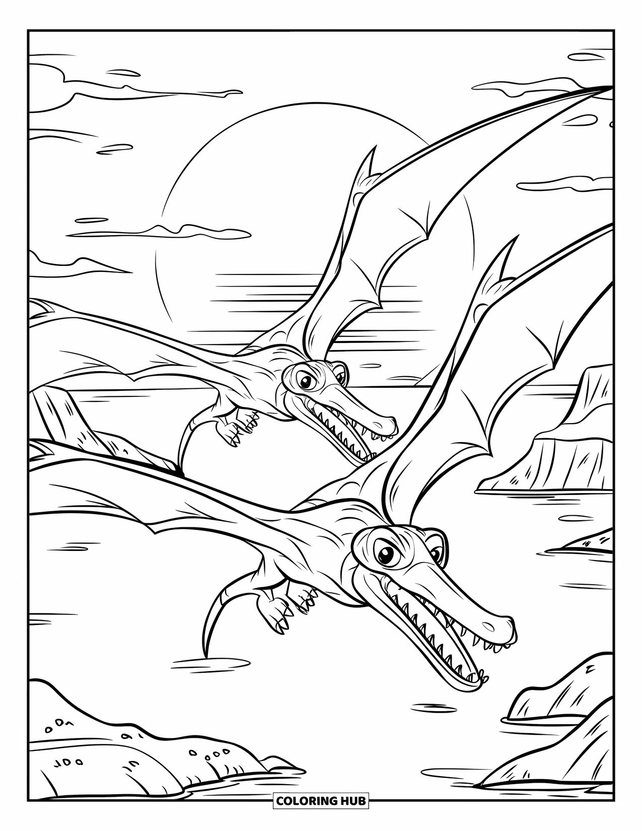 Pterodactyl Coloring Page for Kids: Two pterodactyls circle in the sky above small islands and calm waters