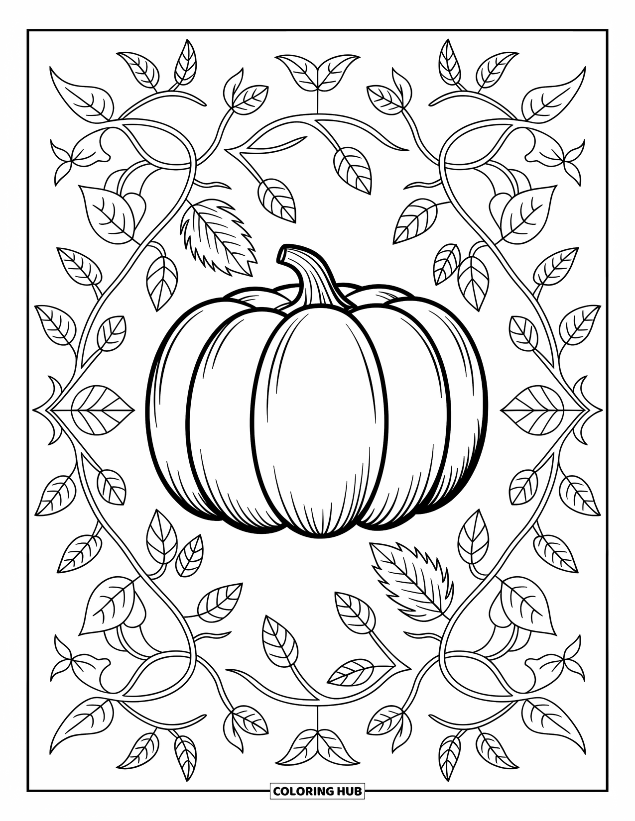 Pumpkin Patch Coloring Page for Adults: A big pumpkin is surrounded by swirling leaves in a calm and elegant mandala layout