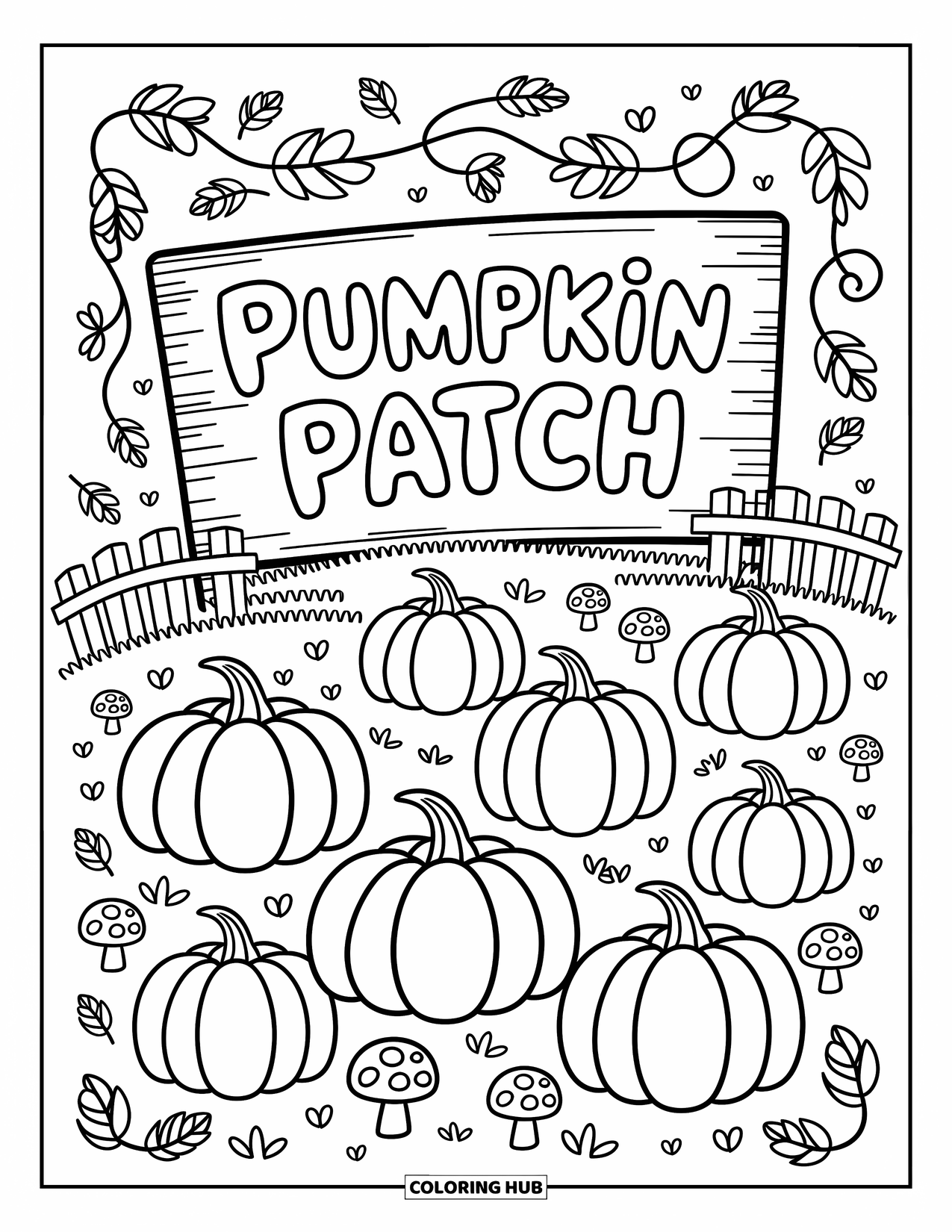 Pumpkin Patch Coloring Page for Adults: A bubbly "Pumpkin Patch" sign sits in a field of pumpkins and winding vines