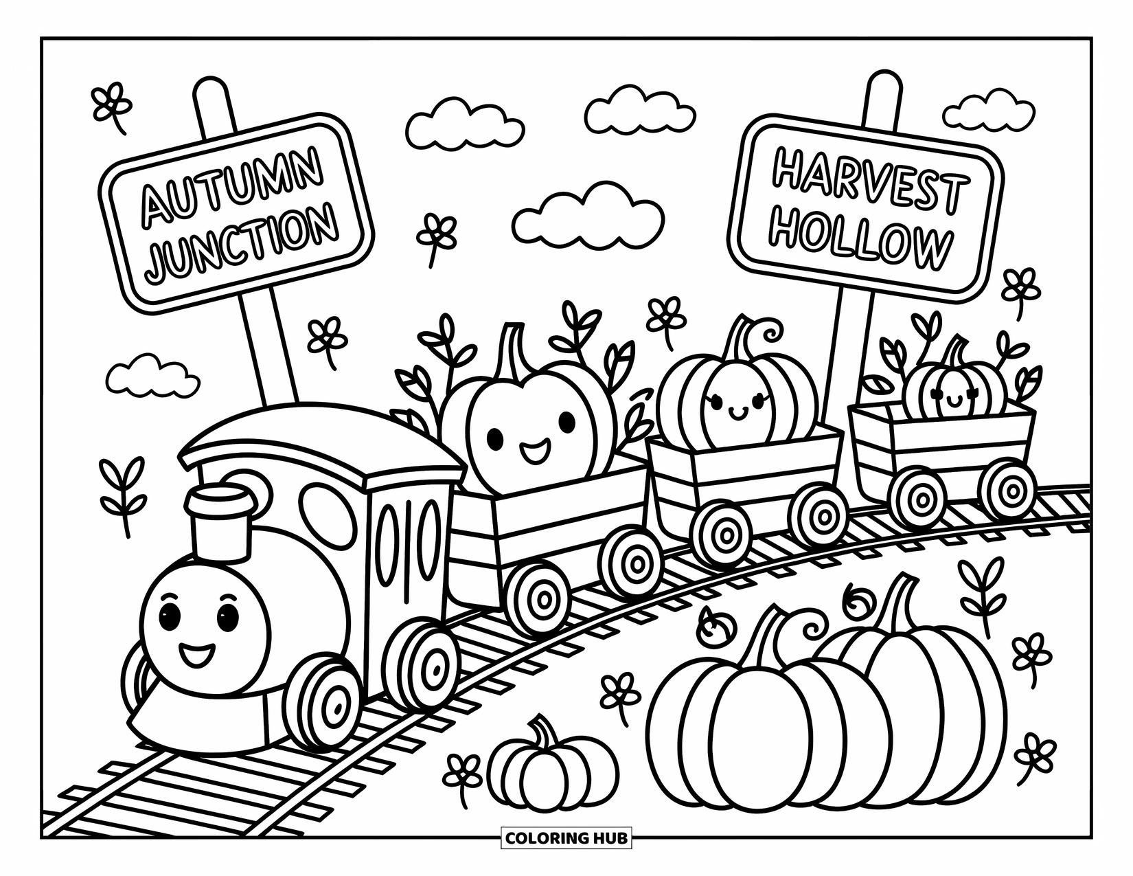 Pumpkin Patch Coloring Page for Adults: A cheerful pumpkin train passes "Autumn Junction" and "Harvest Hollow" signs