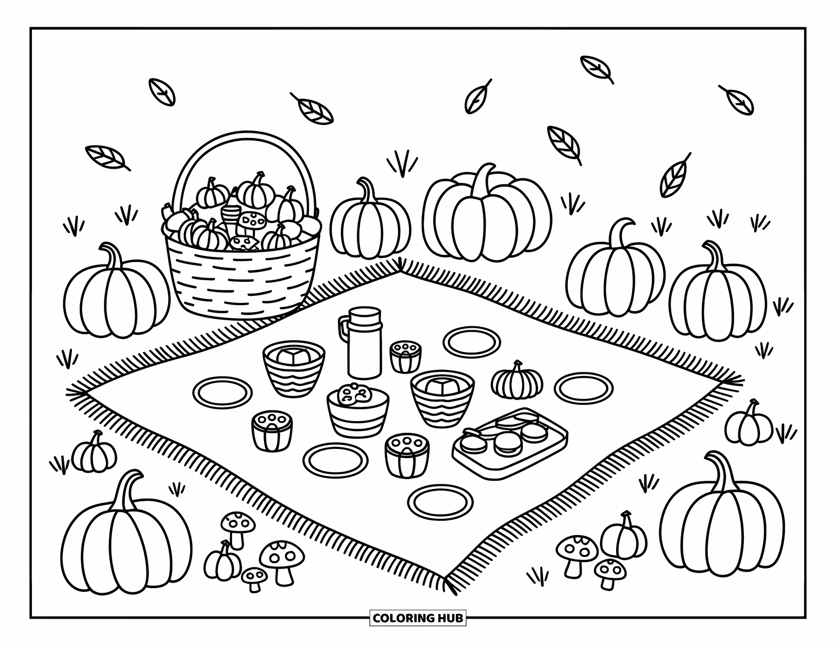 Pumpkin Patch Coloring Page for Adults: A cozy picnic blanket is surrounded by pumpkins, snacks, and swirling autumn leaves