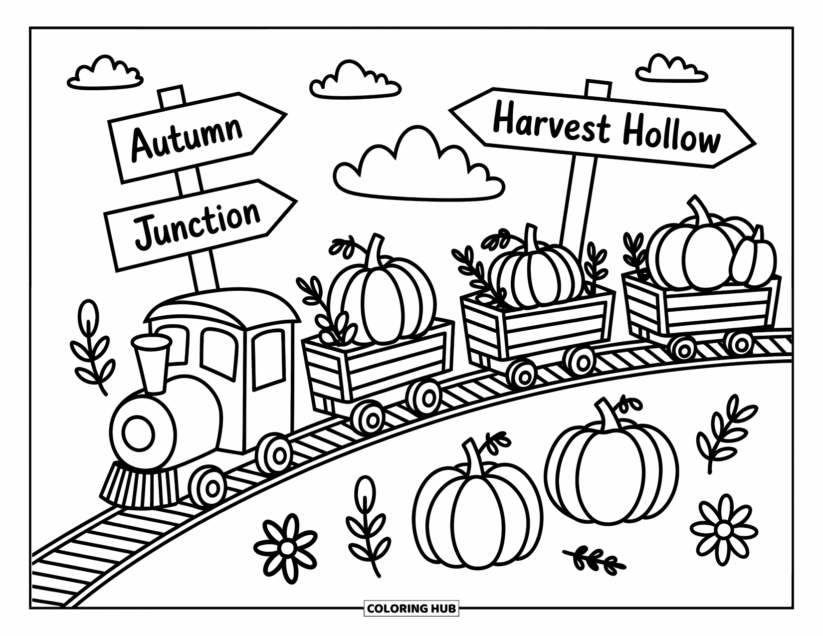 Pumpkin Patch Coloring Page for Adults: A cute train rolls through a pumpkin patch filled with squash and leafy vines