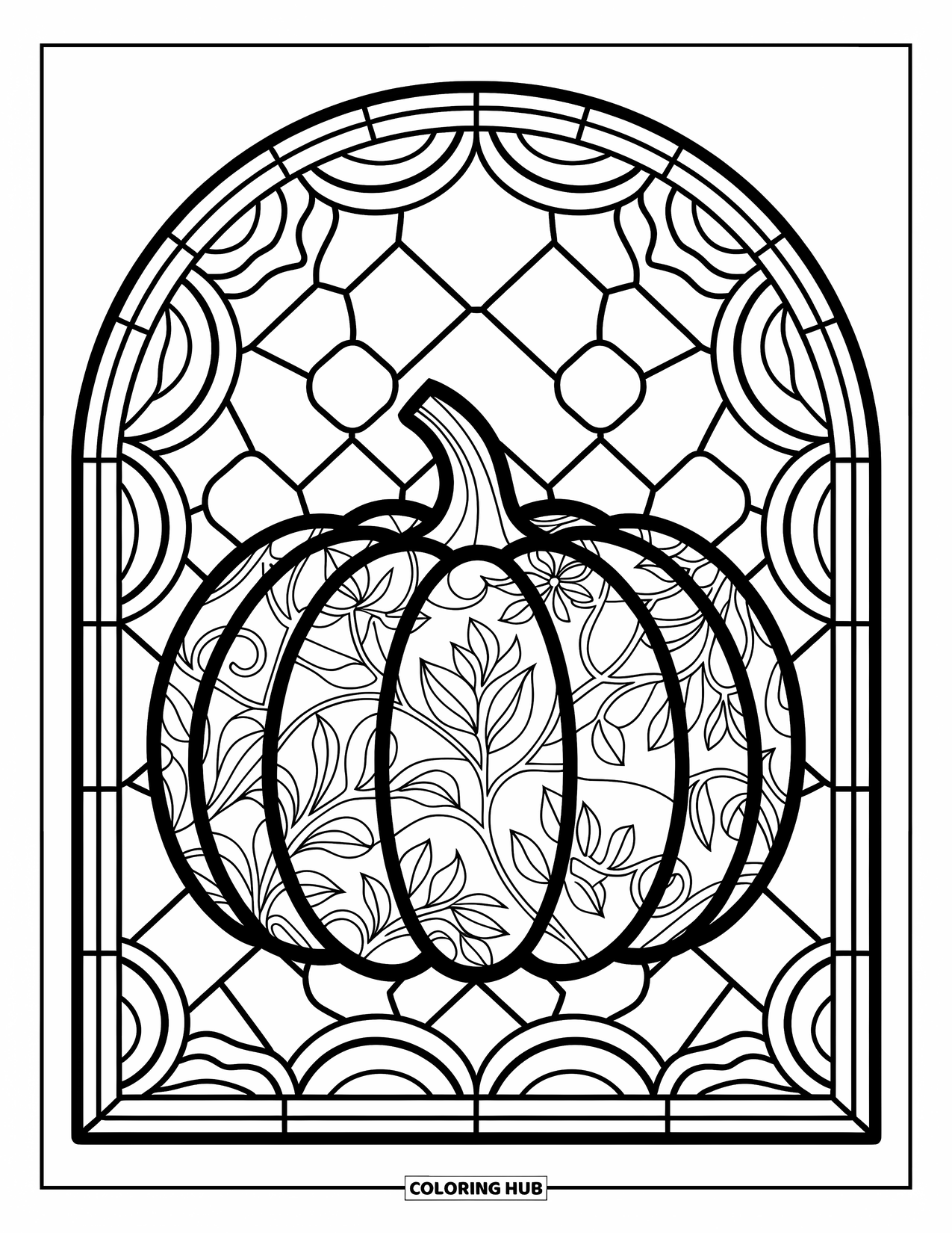Pumpkin Patch Coloring Page for Adults: A floral-decorated pumpkin sits in a stained glass frame with leafy vine patterns
