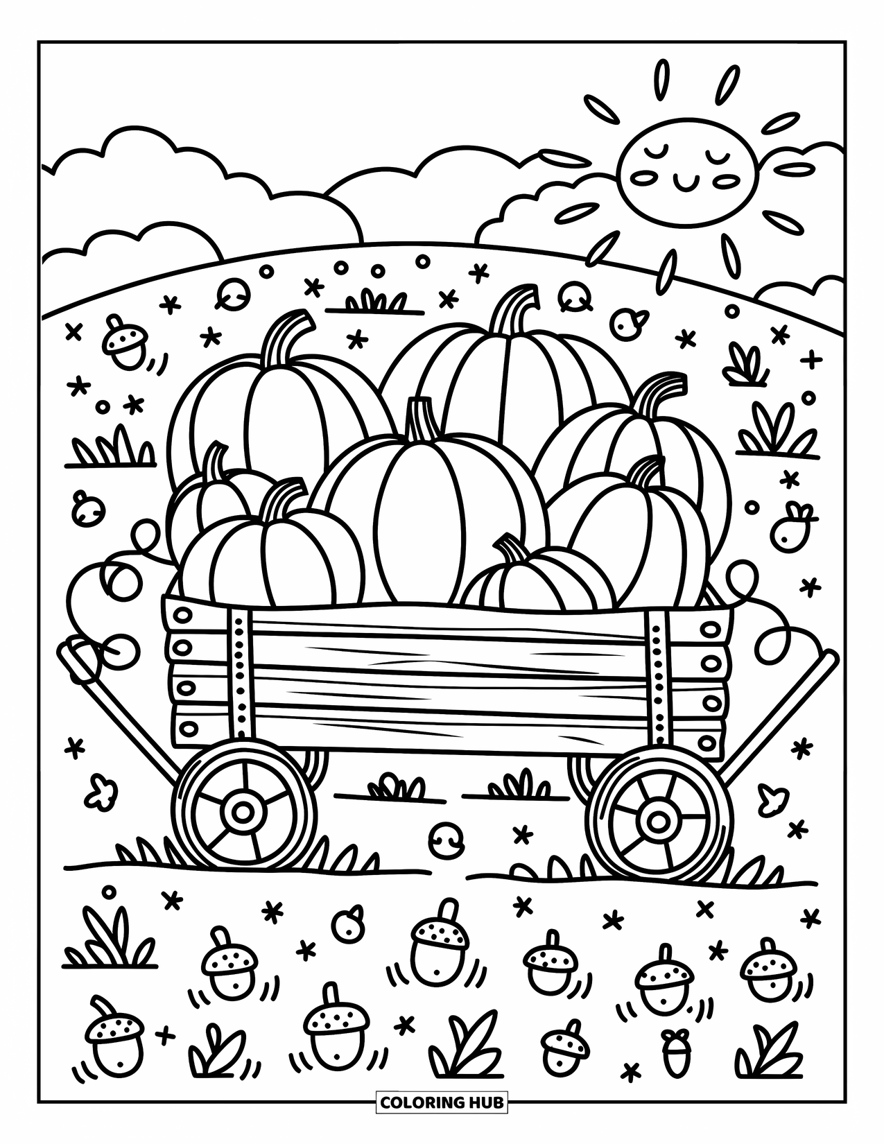 Pumpkin Patch Coloring Page for Adults: A friendly sun shines over a wagon packed with pumpkins and playful fall details